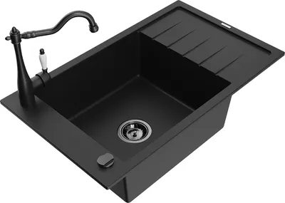 Produktbild von Mexen Elias 1 Becken-Granitspüle mit Abtropffläche und Mischbatterie Carla, Schwarz - 6511-77-670700-70-B