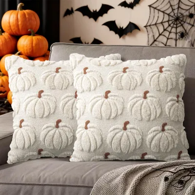 Obrázok produktu pre Obliečka na vankúš 45x45 Halloween Sada 2: Tekvicový vzor Huňaté mäkké priedušné plyšové obliečky na vankúš Jesenná dekorácia, biela, 45 cm, 45 cm