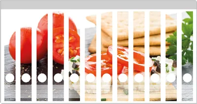 Produktbild von Wallario Ordnerrücken Sticker, selbstklebend für schmale Ordner, 12 Stück, Motiv Frisches Knäckebrot mit Tomaten und Käse