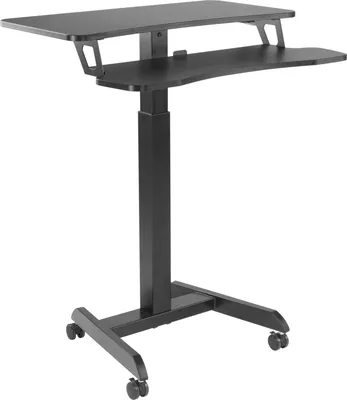 A black adjustable height standing desk with wheels.