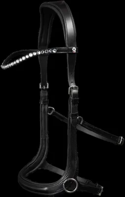 A black leather horse bridle with decorative rhinestones on the browband, set against a black background.