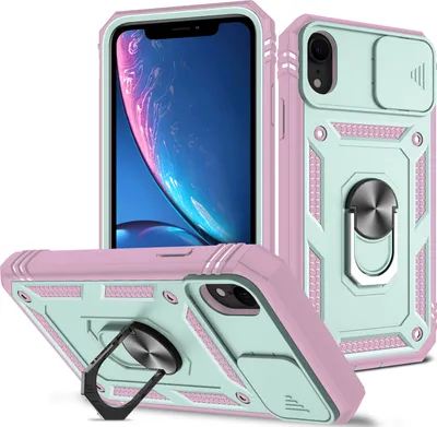 Produktbild von iPhone XR Hülle, Schiebe Kamera Schutz Robust Stoßfest Schutzhülle mit Ringhalterung Ständer Kartenhalter für iPhone XR Türkis