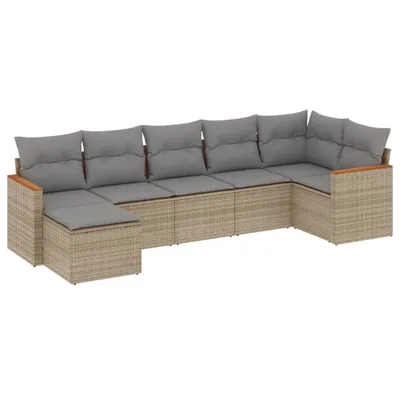 Produktbild von Modulares Garten-Sofa-Set 7-tlg., Poly Rattan, pulverbeschichteter Stahl, UV-beständig, abnehmbare Kissenbezüge, Beige/Hellgrau