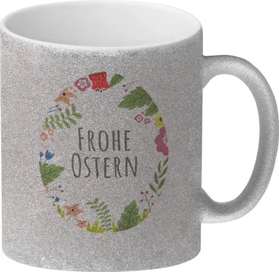 Produktbild von Frohe Ostern Glitzer-Kaffeebecher mit Blumen und Osterei