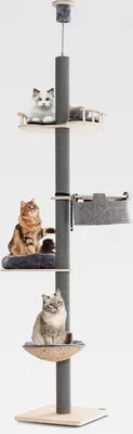 Produktbild von Kratzbaum deckenhoch, 236-271 cm, von Boden bis Decke, 5-stöckiger Katzenbaum, 10 cm dicke Stämme, Katzenkratzbaum hoch, Kletterbaum mit Hängematte & Korb & Bett, Katzen Katzenmöbel Holz, Grau