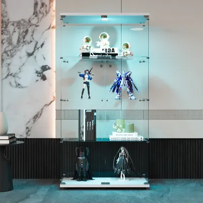Produktbild von ProximaX Moderner Glas-Vitrinen-Schrank mit 2 Türen, 4 beleuchteten Etagen & LED-Beleuchtung für Wein und Sammlungen, Hochglanz Weiß