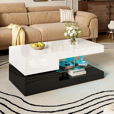 Produktbild von Moderner Couchtisch – Rechteckiger Tisch in Schwarz und Weiß mit LED-Beleuchtung und Glasplatte