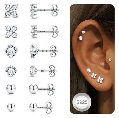 Image de Boucles d'oreilles pour femmes, 6 paires, argent 925, oxyde de zirconium, hypoallergéniques, plaqué or 16 carats, fermoir papillon