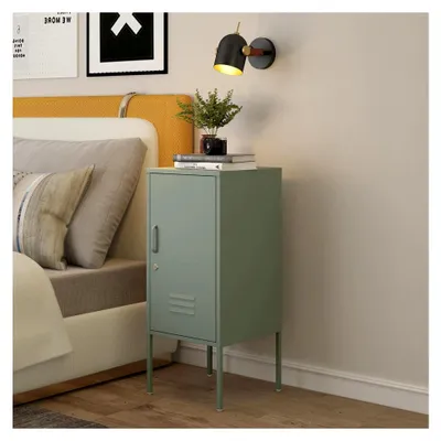 Produktbild von Nachtschrank Hausjärvi Nachttisch 82 x 35 x 35 cm Nachtkästchen Beistelltisch mit 1 Tür Metallschrank Beistellschrank abschließbar Büroschrank Stahl Mintgrün