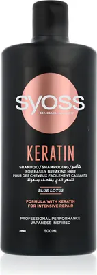 A black bottle of Syoss Keratin Shampoo with a rose gold circular logo and text.