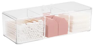 Obrázok produktu pre Držák na vatové tyčinky, 3 priehradky, priehľadný, organizér do kúpeľne