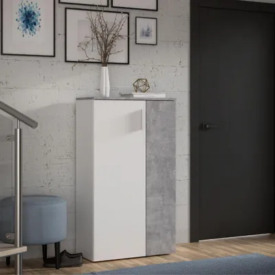 Immagine prodotto di Mobile multiuso scarpiera 2 ante con 5 ripiani colore bianco e cemento Lucio 69x34x120H