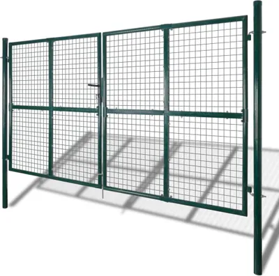A green metal double garden gate is shown against a white background.