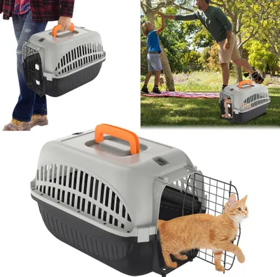 Produktbild von YARDIN Katzentransportbox, Transportbox Katze mit Metalltür Vorne Tiertransportbox,Transportbox Hund für Kleine Haustiere/Katzen/Hunde/Kaninchen bis 10 kg, Grau+Schwarz