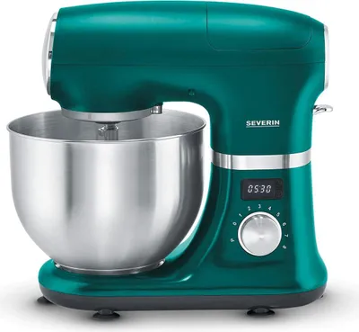 A teal and silver stand mixer is shown against a white background.