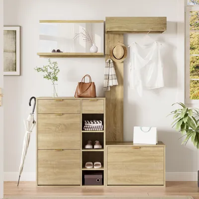 Immagine prodotto di Set completo per ingresso, composto da 4 elementi: appendiabiti, panca, specchio da parete e mobiletto per scarpe, dimensioni 130x30x174 cm, colore naturale, realizzato in pannello di particelle di legno al 100%