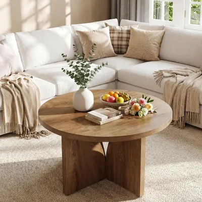 Produktbild von Tribesigns Runder Couchtisch, 80 cm, Moderner Holztisch in Braun, Kreis-Mitteltisch für Wohnzimmer, Kleine Räume & Homeoffice, Einfache Montage