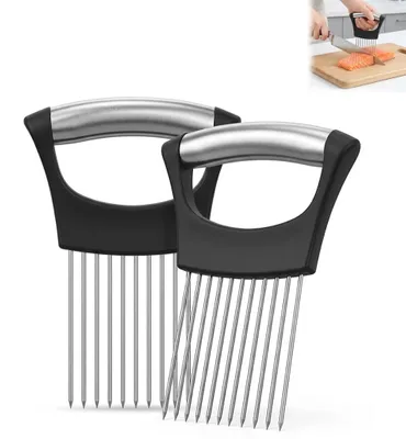 Zwiebelhalter-Set 2er-Pack, Edelstahl-Schneidhilfe mit 10 Spießen