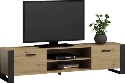 Produktbild von MATKAM TV-Kommode Alba, H50 x B185 x T43,6 cm, ein offenes Regalfach in der Mitte, links und rechts Fächer mit Türen, konische Beine (Artisan Eiche)