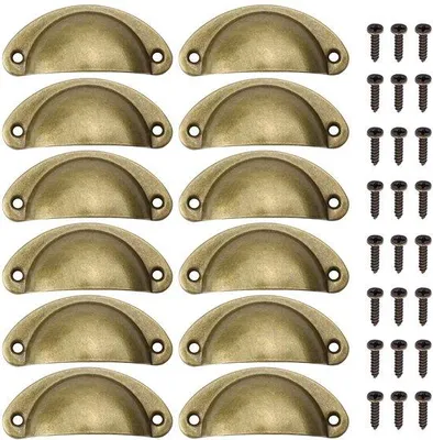 Zdjęcie produktu dla Zestaw 12 sztuk metalowych, antycznych uchwytów do mebli w kształcie półksiężyca, kolor złoty brąz, wymiary 8 x 3,5 cm – do szuflad i szafek