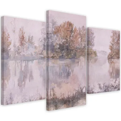 Produktbild von Triptychon auf leinwand blick auf den see 90x60 cm Feeby beige wandbild bereit zum aufhängen
