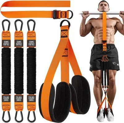 Immagine prodotto di Cinghie per trazioni con supporto a due gambe - Acciaio - Regolabili - Per barra per trazioni e allenamento della forza - Arancione