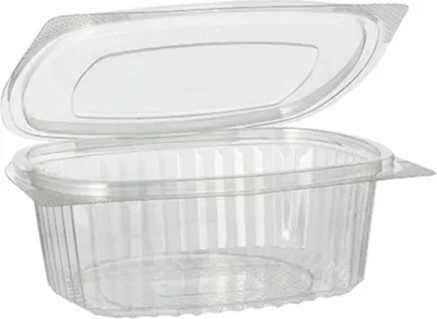 A clear plastic food container with its lid open, shown against a white background.