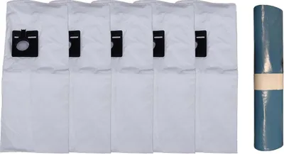 A set of five white vacuum cleaner bags and one rolled-up blue bag are laid out on a white background.