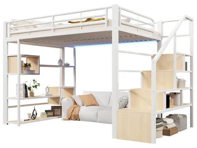 Image de Lit superposé 140x200 cm avec éclairage LED et escalier avec étagères. Structure en métal robuste et lit pour enfant en MDF avec barrière de sécurité et espace de rangement. Inclut un sommier à lattes en métal. Ne comprend pas le matelas. Blanc