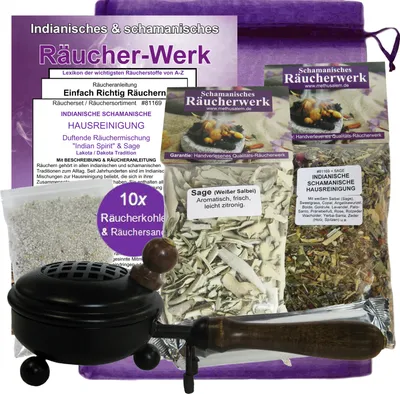 Produktbild von 7-tlg Räucher-Set Indianische Hausreinigung. 2 x Räuchermischungen + Sage Salbei + Zubehör + Anleitung.
