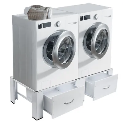 Zdjęcie produktu dla Stalowa podstawa pralki 126x54x32 cm do 2x150 kg z 2 szufladami, cokół suszarki bębnowej Podwójny cokół Podstawa z antypoślizgowymi gumowymi nóżkami