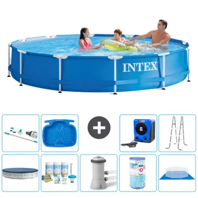 Produktbild von Intex-Schwimmbecken mit rundem Rahmen – 366 x 76 cm – Blau – im Lieferumfang enthalten Abdeckung - Wartungspaket - Filterpumpe für Schwimmbad - Filter - Bodenplane - Staubsauger