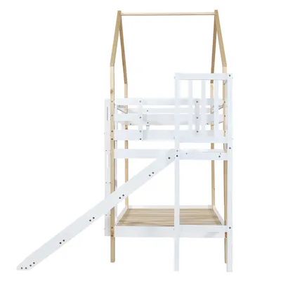 Produktbild von Flieks Etagenbett mit Rausfallschutz, Kinderbett mit Rutsche und Leiter, Hochbett mit Lattenrost, Hausbett Massivholzbett Stockbett 90x200cm, Weiß