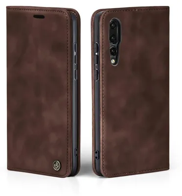 A brown flip case for a smartphone is shown from two angles.