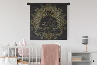 Produktbild von MuchoWow® Wandteppich Wandbehang Buddha - Bild - Gold 90x90 cm Tapisserie Dekoration Wandtuch - Wandaufhänger