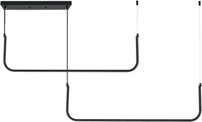 A black pendant light fixture with a rectangular base and two U-shaped arms suspended by thin wires.