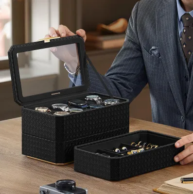 Produktbild von SONGMICS HOME Uhrenbox 3 Ebenen, 8 Fächer für Uhren, stapelbar, Polyurethanim Flechtlook