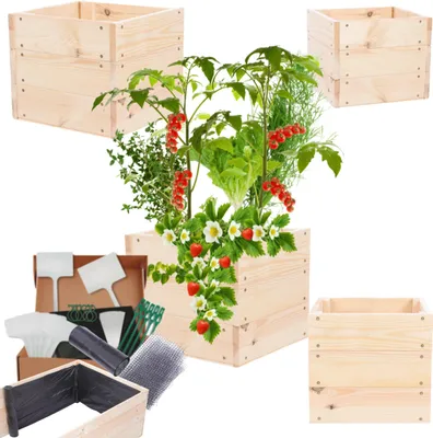 Produktbild von MODO24 Hochbeet Holz, Pflanzkasten, Massivholz, Kiefer, Kräuterbeet, Blumenkasten, Garten, Terrasse, 27x33x30 cm, Natur, ZP06
