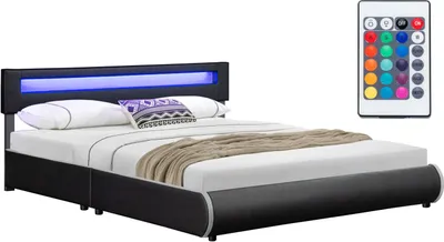 Produktbild von Juskys Polsterbett Sevilla 180 x 200 cm schwarz – Bettgestell mit LED Beleuchtung, Lattenrost & Kopfteil – Kunstleder & Holz – Bett Doppelbett