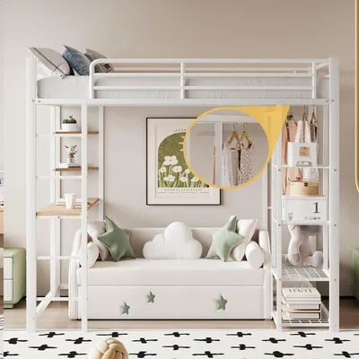 Produktbild von Metall-Hochbett mit Leiter 140*200 cm, Juniorbett Doppelbett mit Tisch mit einfachen Kleiderbügeln mit Ablagefächern, Weiß