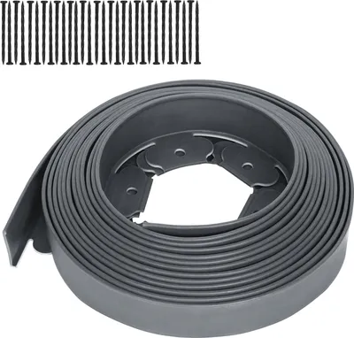 A roll of flexible plastic edging and a set of stakes are shown against a white background.