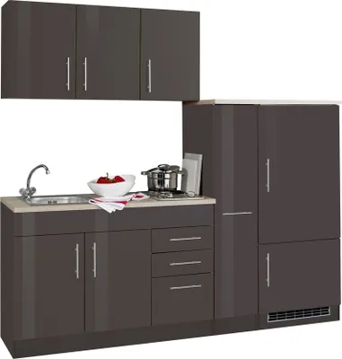 Produktbild von Singleküche Toronto 210 cm graphit hochglanz mit Apothekerschrank Kühlschrank Kochmulde und Einbauspüle in Edelstahl