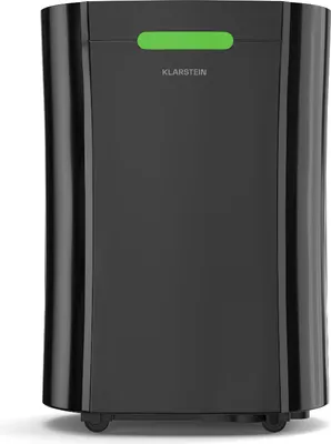 A black dehumidifier with a green light on top.