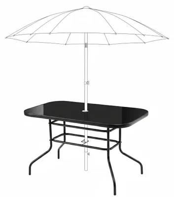 Zdjęcie produktu dla Duży szklany stół ogrodowy na taras balkon 120x70 czarny otwór na parasol, Obraz wygenerowany przez AI