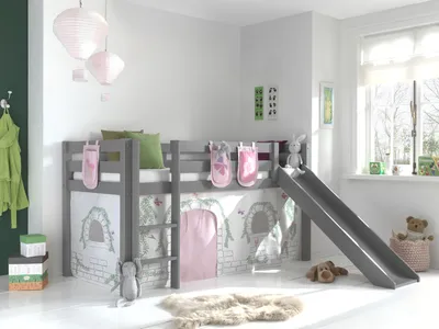 Produktbild von Vipack Spielbett Pino inkl. Rutsche mit Textilset Vorhang und 3 Taschen "Birdy"