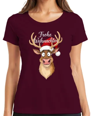 Zdjęcie produktu dla Merry Christmas Funny Reindeer Christmas Hat Cartoon Humour Ladies T-Shirt, bordowy, S