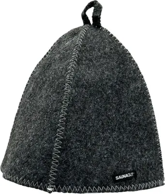 A close-up studio shot of a gray felt sauna hat.