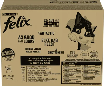 A cardboard box containing multiple pouches of cat food.