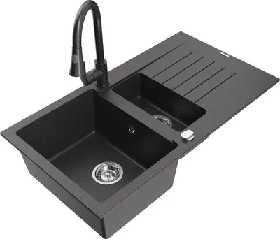 Produktbild von Mexen Matias 1,5-Becken-Granitspüle mit Abtropffläche und Mischbatterie Elia, Schwarz gesprenkelt - 6502-76-670101-76