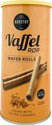 Produktbild von Waffelröllchen mit gesalzenen Karamell Nordthy Denmark 250g